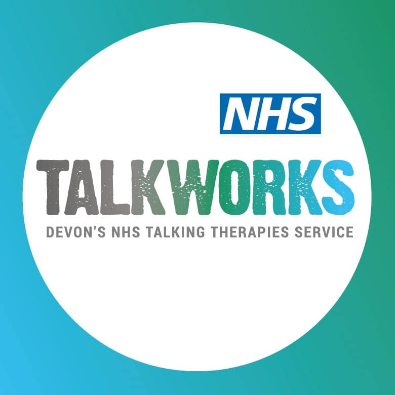 Logo for NHS TALKWORKS, Devon’s NHS talking therapies service, on a white circle with a green and blue gradient background.