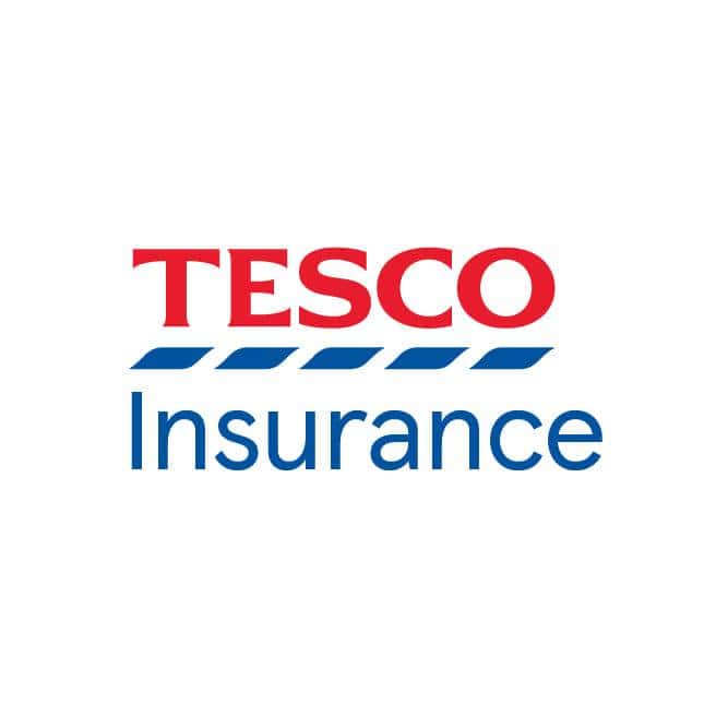 Tesco Insurance company logo with "TESCO" in red capital letters above blue diagonal lines and the word "Insurance" in blue.
