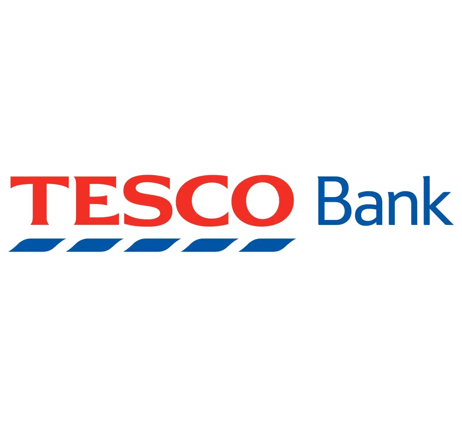 Tesco Bank logo with "TESCO" in red uppercase letters and "Bank" in blue, alongside blue stripes underneath.