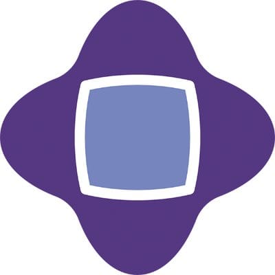A purple four-lobed shape with a white-bordered, light blue square in the center.