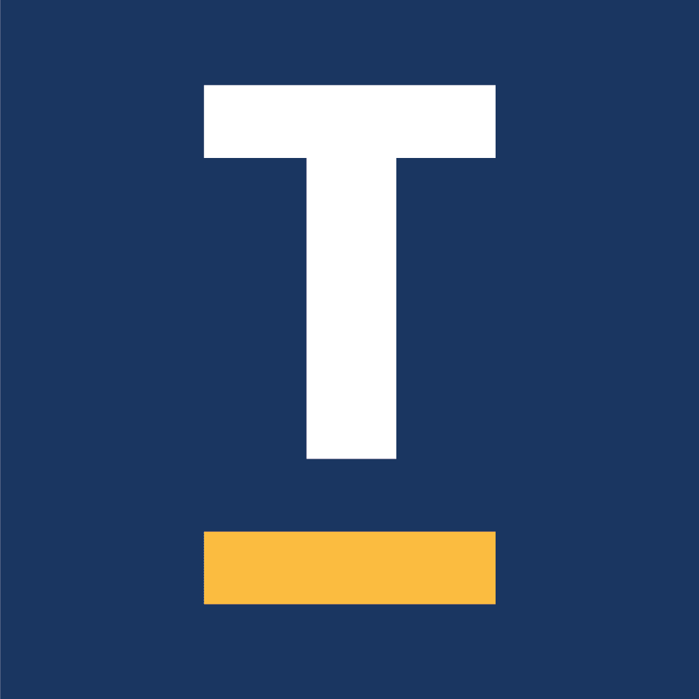 A white capital letter "T" above a horizontal yellow rectangle on a dark blue background.