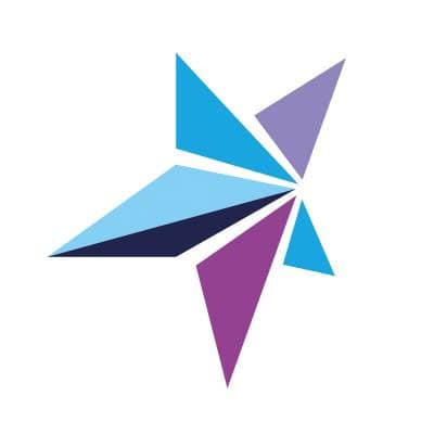 Geometric abstract star composed of overlapping triangular shapes in shades of blue and purple on a white background.