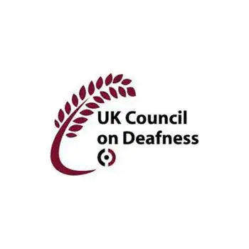 Logo of the UK Council on Deafness with maroon leaves curving over the text and a small circular symbol below.