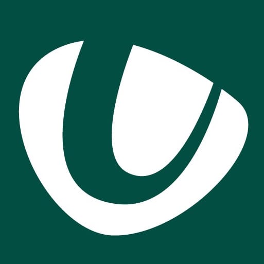 White abstract "U" shaped design on a dark green background.