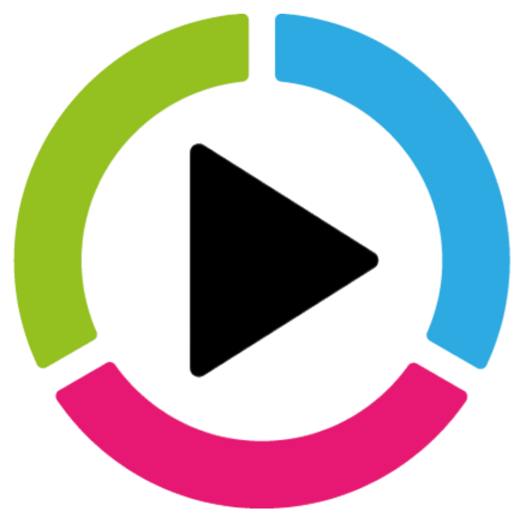 A black triangle points right, enclosed by a circle made of three colored segments: green (top left), blue (top right), and pink (bottom).