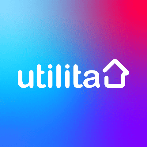 The word "utilita" in white lowercase letters with a house outline replacing the letter "h," on a blue to pink gradient background.