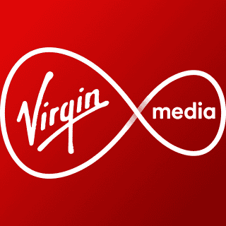 Virgin Media logo with the word "Virgin" in cursive inside an infinity symbol and "media" in lowercase text on a red background.