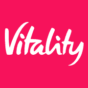 Vitality logo with white script text on a bright pink background.