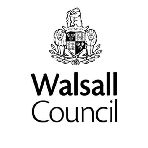 Walsall Council logo featuring a heraldic crest with two lions and a bear above the words "Walsall Council" in black text.