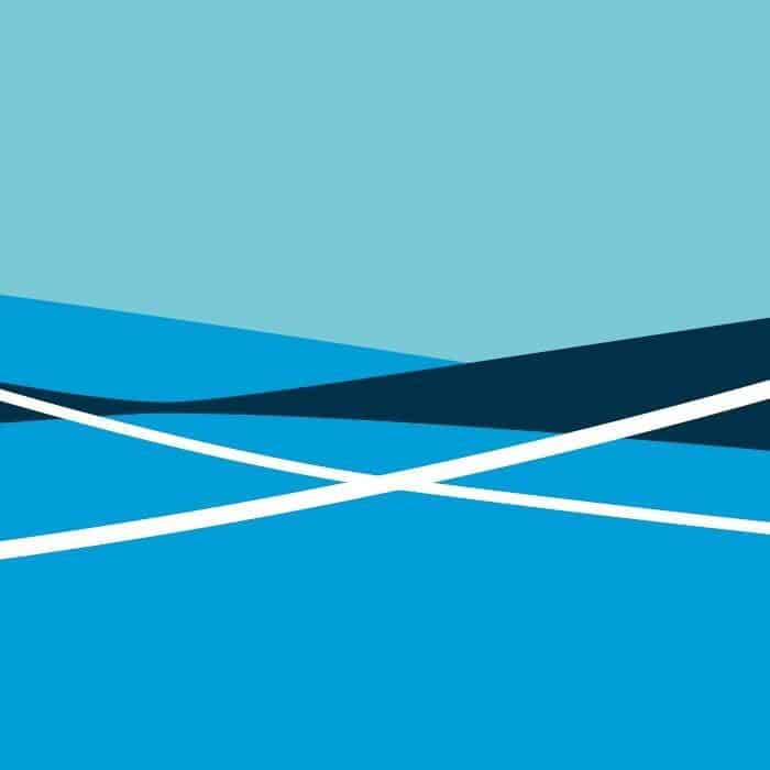 Abstract image with layered blue shapes and intersecting white lines against a light blue background.
