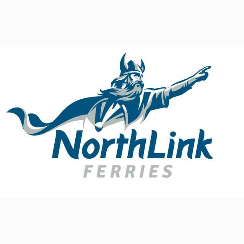 NorthLink Ferries logo featuring a stylized Viking with a horned helmet and cape, pointing forward, above the company name in bold lettering.