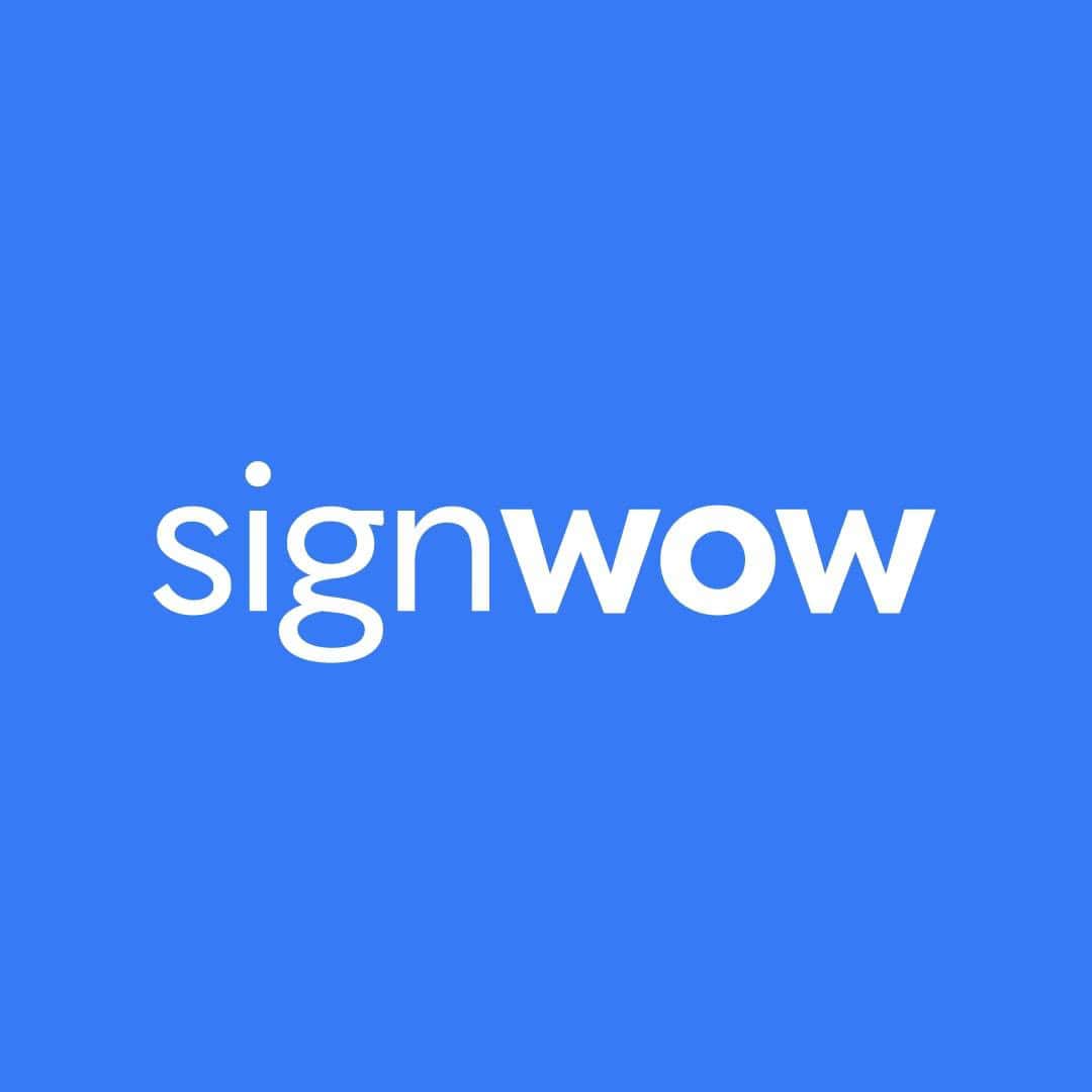 White text on a blue background reads "signWOW" with "sign" in lowercase and "WOW" in uppercase bold font.